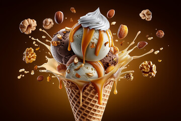 Delicious ice cream scoops on waffle cone.