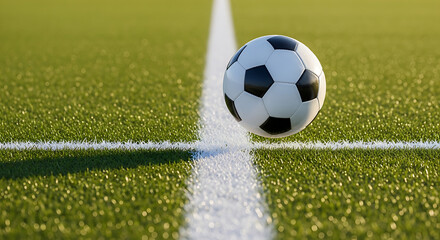 Soccer ball on the line of a green soccer field