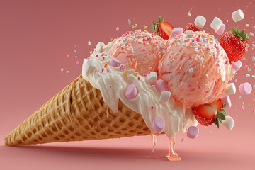 Strawberry flavor ice cream scoops on waffle cone.