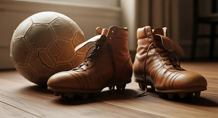 Old soccer ball and vintage leather soccer boots