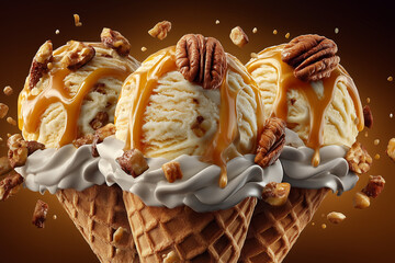 Delicious ice cream scoops on waffle cone.