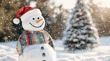 Snowman wearing colorful plaid shirt and red Santa hat stands snowy outdoor scene, smiling joyfully with snow falling and blurred trees background