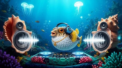 Groovy underwater DJ pufferfish mixing fresh beats with shell speakers and jellyfish dancers, a vibrant aquatic party vibe that makes you want to groove to the music