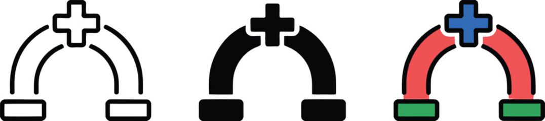 Three Magnet Icons Outline Silhouette and Color magnetism , magnet, magnetism, science, physics, attraction, 