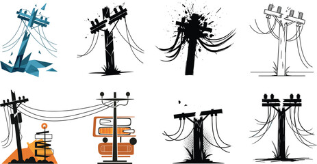 Fototapeta premium Creative illustration set of damaged and abstract utility poles with power lines, artistic sketch style electrification concept for graphic design