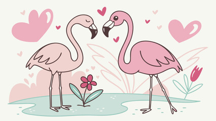 Obraz premium Romantic flamingo couple with hearts for Valentine's Day design elements that evoke love and tenderness in a cute way