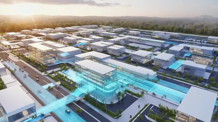 Modern futuristic business cityscape at sunrise with blue neon data streams, digital network connection, innovation, smart urban infrastructure, high-tech industrial communication systems future citiy - Powered by Adobe