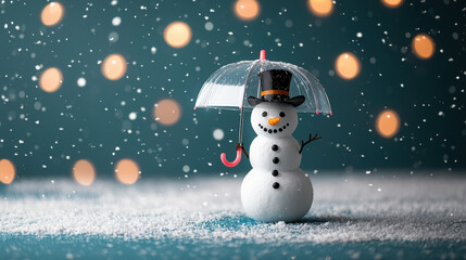 Snowman umbrella winter snow festive cheerful holiday decoration bokeh background. cheerful snowman holding transparent umbrella stands falling