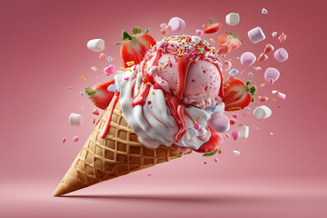 Strawberry flavor ice cream scoops on waffle cone.