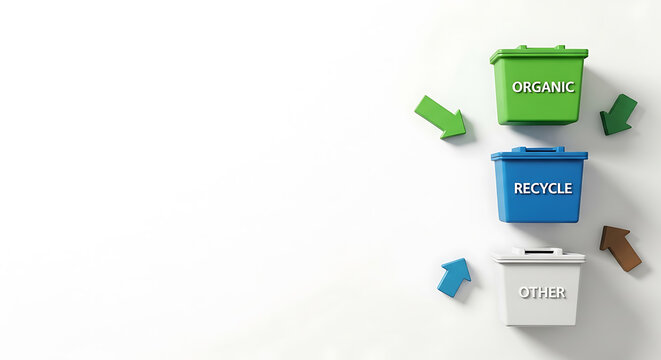 Organize waste responsibly with recycle, organic, and other bins