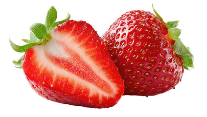 Vibrant red strawberries, one halved, revealing juicy seeds