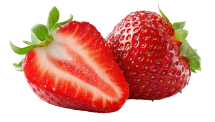 Vibrant red strawberries, one halved, revealing juicy seeds