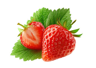 Two bright red strawberries with green leaves on a black background