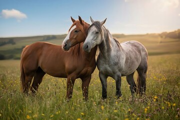 Obraz premium Two horses, friendship in the summer meadow