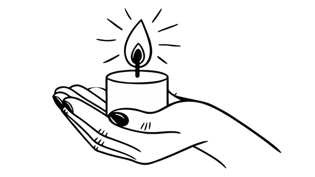 Hand holds a candle, radiating light and warmth, a symbol of hope, peace, and remembrance in simple design
