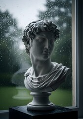 David bust on rainy day near window with green grass in background outside is wet