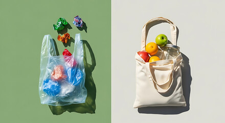 Eco friendly reusable bag versus plastic bag with fruit and candy