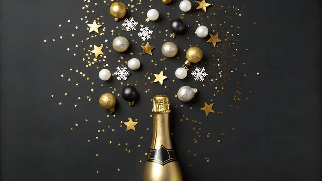 Festive champagne bottle explosion with confetti and ornaments on dark background