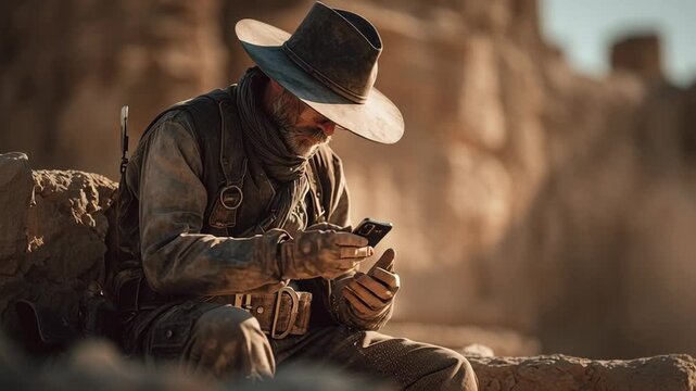Rugged Older Man in Cowboy Hat Sits in a Rocky Canyon Using a Modern Smartphone