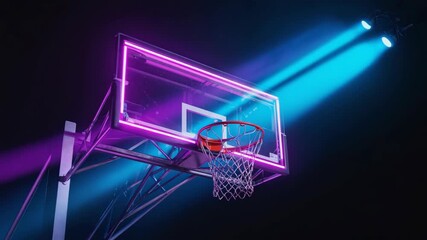 Basketball hoop glowing with pink and blue neon lights under dark studio spotlights, symbolizing modern sport, energy, competition, and futuristic athletic concept merging technology and lifestyle. - Powered by Adobe