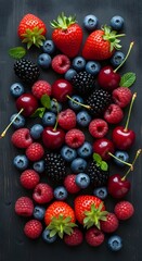Delicious mixed berries on dark background with a variety of fresh summer fruits