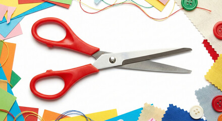 Open scissors with red handles isolated on white background