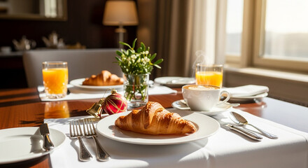 Breakfast table setting with croissant, orange juice, and flower vase  