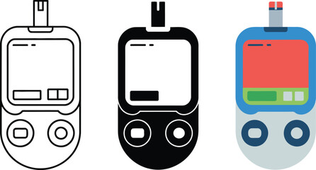 Three Styles of Blood Glucose Meter Icons Line Art Silhouette and Color , blood glucose meter, diabetes, medical device, health,