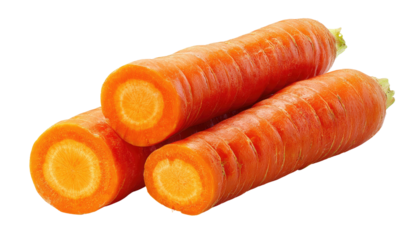 Stacked orange carrots, some sliced to reveal bright interior