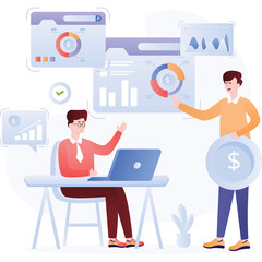 Two men analyzing financial charts and graphs on a transparent background with a laptop and a coin symbolizing investment and business growth in a modern flat illustration style