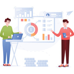Two Men Analyzing Financial Data Charts and Graphs on a Transparent Background with a Laptop and Pie Chart Illustration