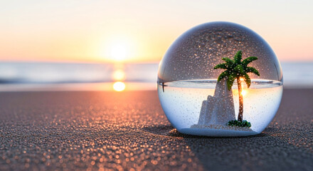Glass globe with miniature palm tree and sunset on sandy beach  
