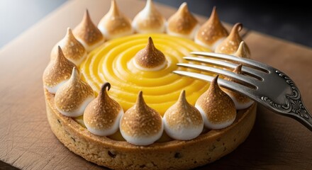 Close up of lemon meringue tart with fork on wooden board, a sweet and tangy dessert with torched meringue peaks