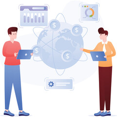 Two men collaborate on a global finance project using laptops with earth network and financial charts in the background, digital illustration