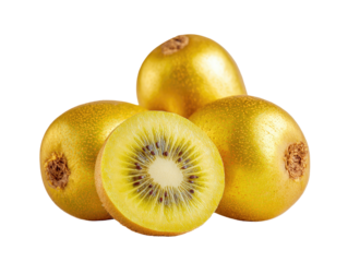 Golden kiwis pile up, one sliced showing yellow flesh and seeds
