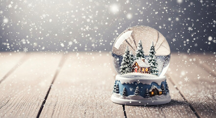 Snow globe with winter scene and falling snow on wooden table  