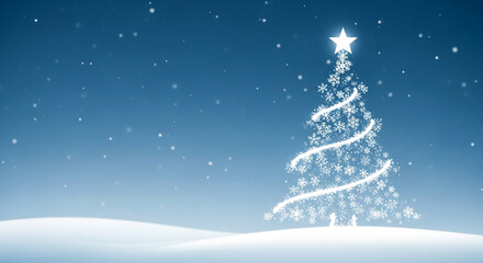Snowy Christmas tree with star on serene winter night background  