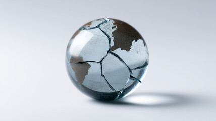 Cracked glass globe world map symbolizing economic risk global crisis financial instability fragile earth uncertainty stress vulnerability isolated