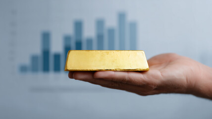 Hand holding gold bar with blurred financial chart background, symbolizing wealth, investment, and economic growth, with focus on precious metal trading and market trends