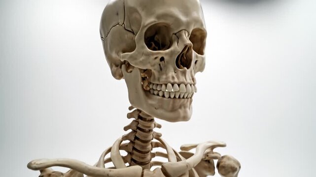 Close Up of Human Skeleton Model Showing Skull and Ribcage