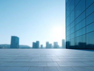 Modern office block urban skyline cityscape glass building blue sky empty plaza contemporary architecture sunrise business district reflection. scene conveys calm professional atmosphere with