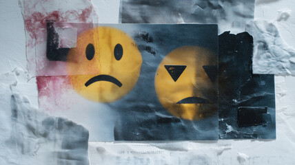 Sad face and abstract emoji art with layered paper collage, textured background, and expressive mixed media style, conveying emotion and digital culture influence