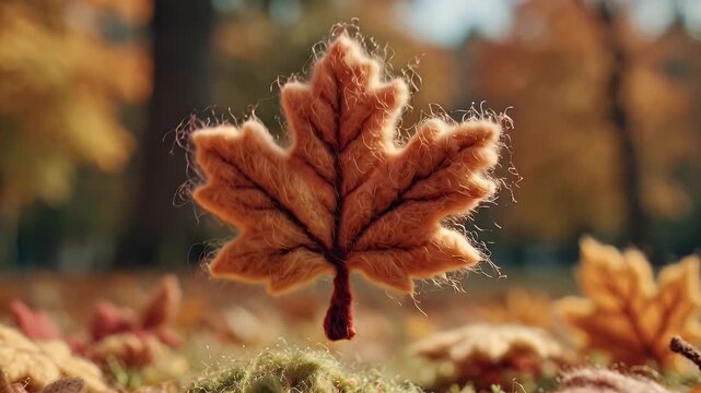 Close up of a decorative maple leaf displayed outdoors in autumn
