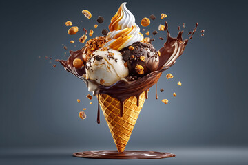 Delicious ice cream scoops on waffle cone.