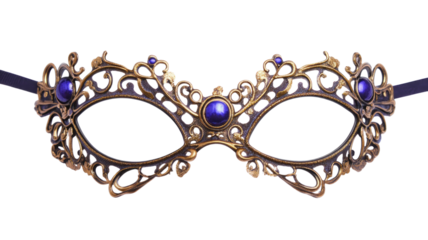 Elegant gold masquerade mask with intricate detailing and shimmering finish showcasing mysterious design isolated on white background