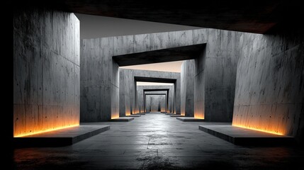 Obraz premium Geometric concrete tunnel with warm lighting and angular shapes. Use it for modern design, abstract concepts, or architectural projects.