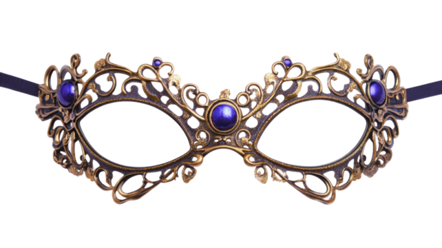 Elegant gold masquerade mask with intricate detailing and shimmering finish showcasing mysterious design isolated on white background
