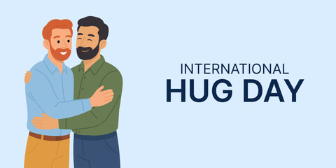 International Hug Day banner. Two smiling men sharing warm hug celebrating friendship and support, hug symbolizes kindness and emotional connection, hug illustration promotes International Hug Day 