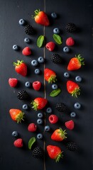 Fresh berries arrangement on dark background with mint leaves and summer fruits mix