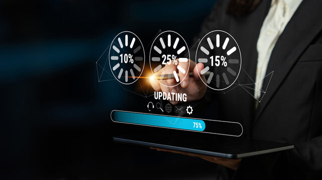A concept of a system update and software installation. A progress bar and loading icons showing the update percentage and status. Motif